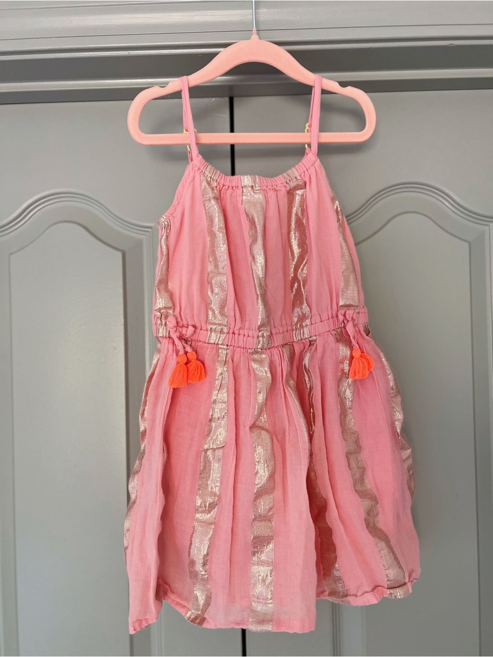 Mini Boden Pink Metallic Stripe Tassel Dress 5-6Y Back to School Cotton - Picture 2 of 2